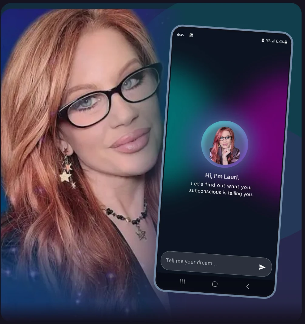 Lauri beside the Dream Chat app start screen