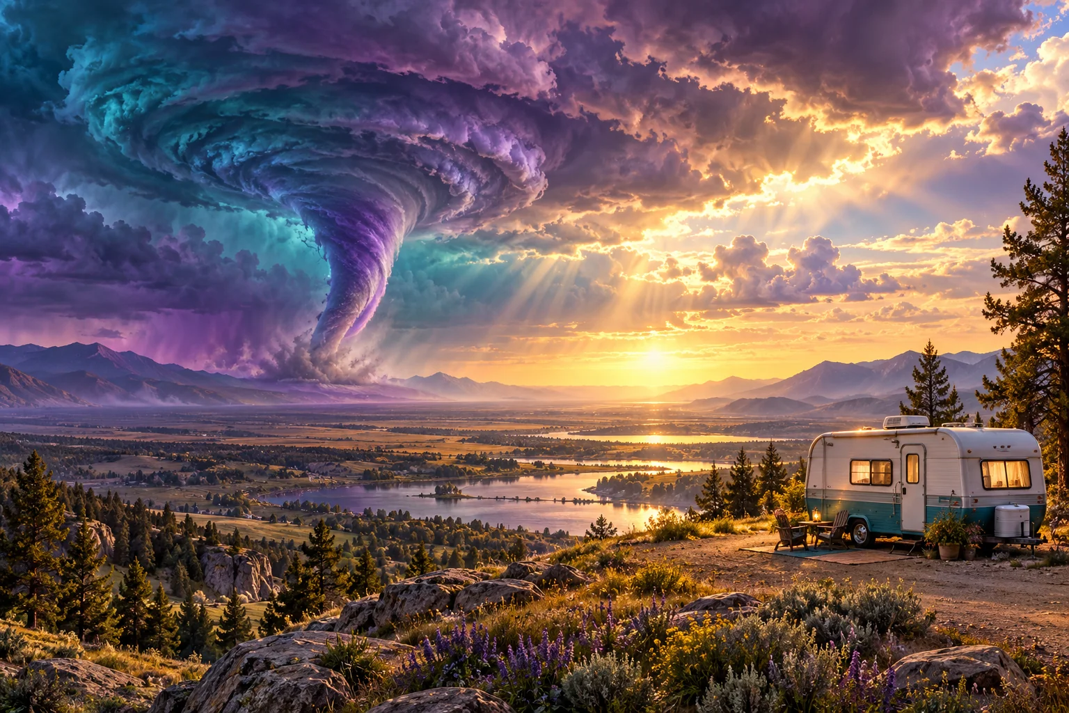 Distant violet tornado over a valley with an intact trailer in the foreground and golden sunlight breaking through