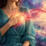 Blood in Dreams: What Bleeding in a Dream Means Adult resting a hand over their heart as a crimson ribbon of light dissolves into gold
