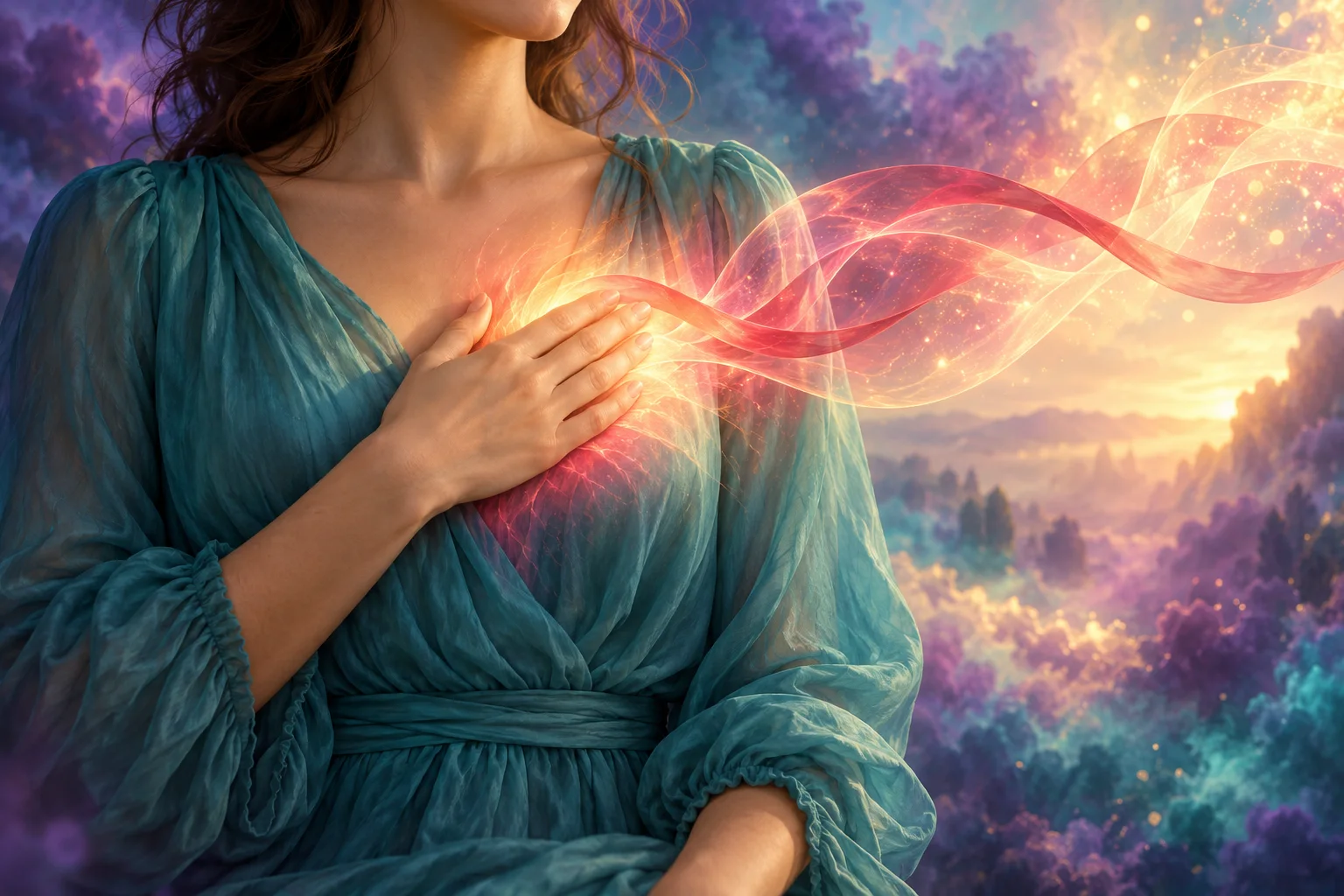 Adult resting a hand over their heart as a crimson ribbon of light dissolves into gold