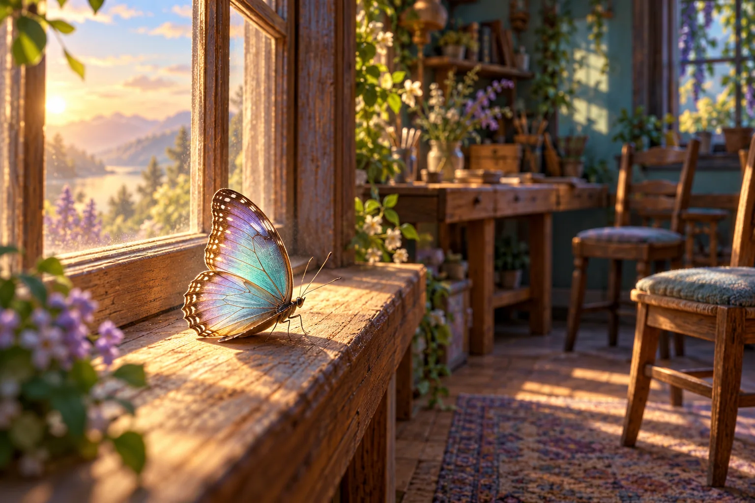 Luminous butterfly on a sunlit windowsill beside a quiet workbench and two chairs