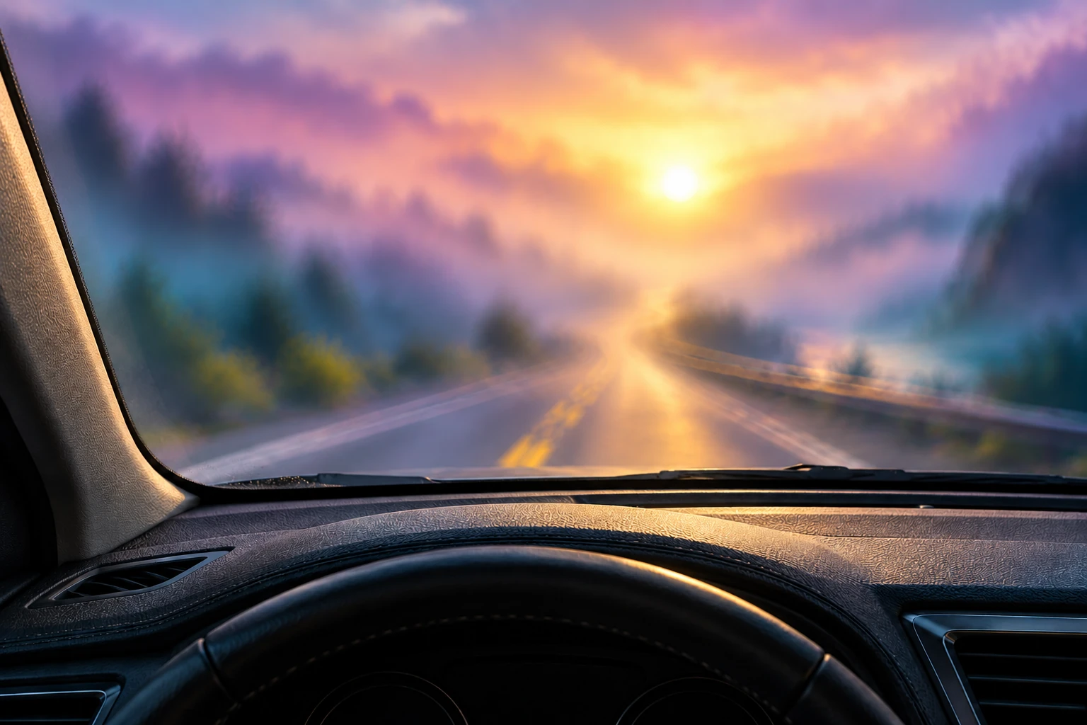 Blurred and doubled mountain road seen through a car windshield, with purple and teal scenery, golden light and a sharply focused dashboard