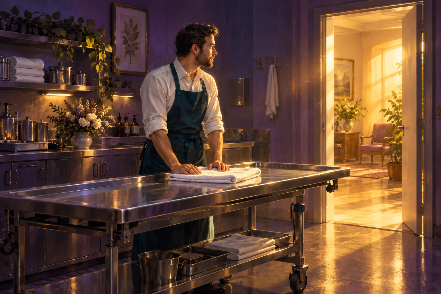 Illustration of a mortician beside an empty preparation table, looking toward warm light through an open doorway.