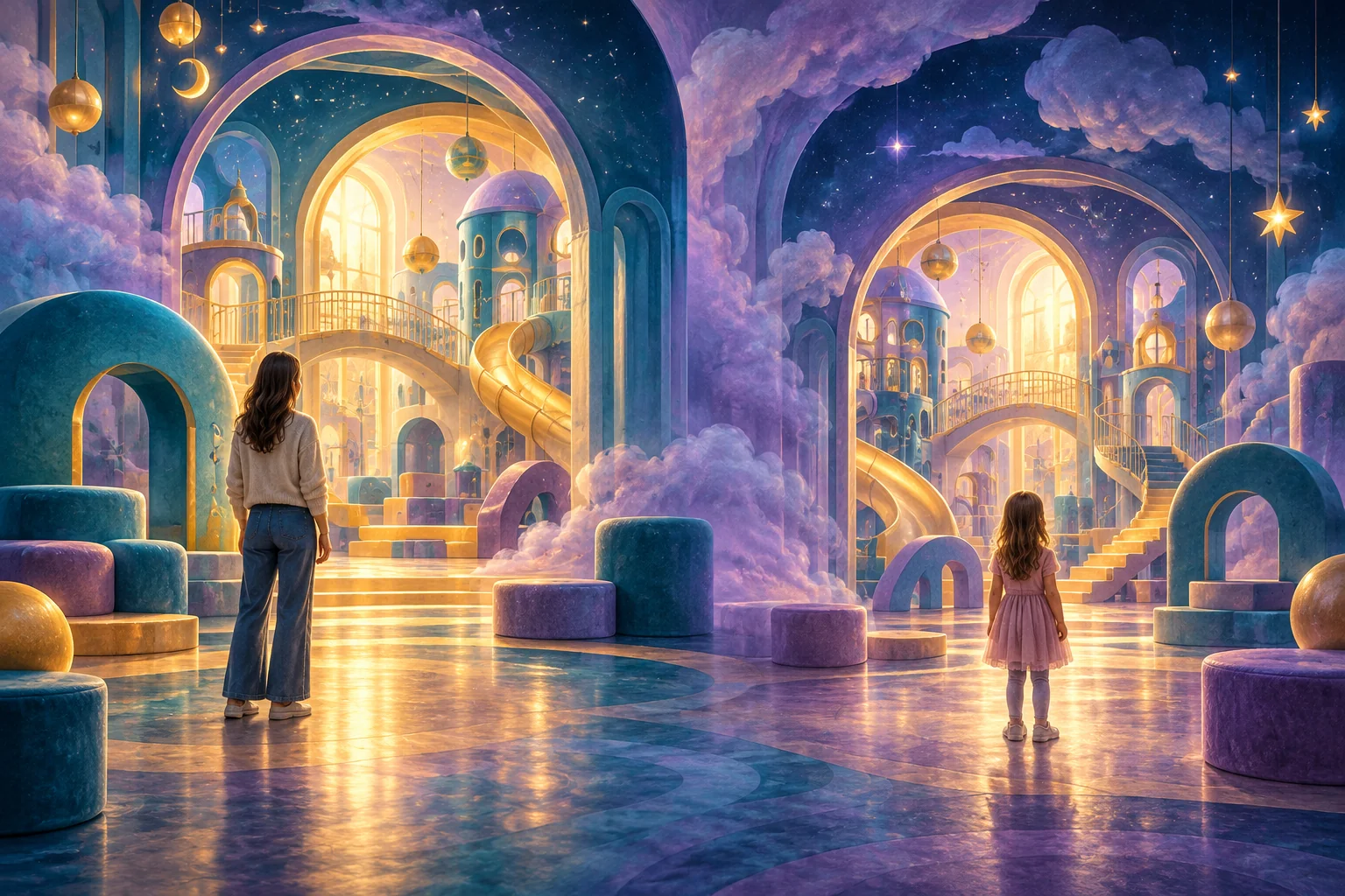 Mother and daughter stand in matching dreamlike playlands with purple clouds, teal arches and warm golden light.